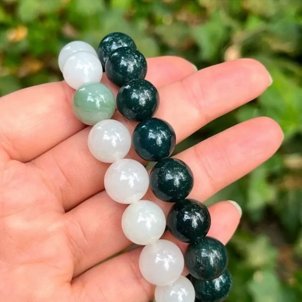 10mm Natural moss agate‎ and white jade bracelet set